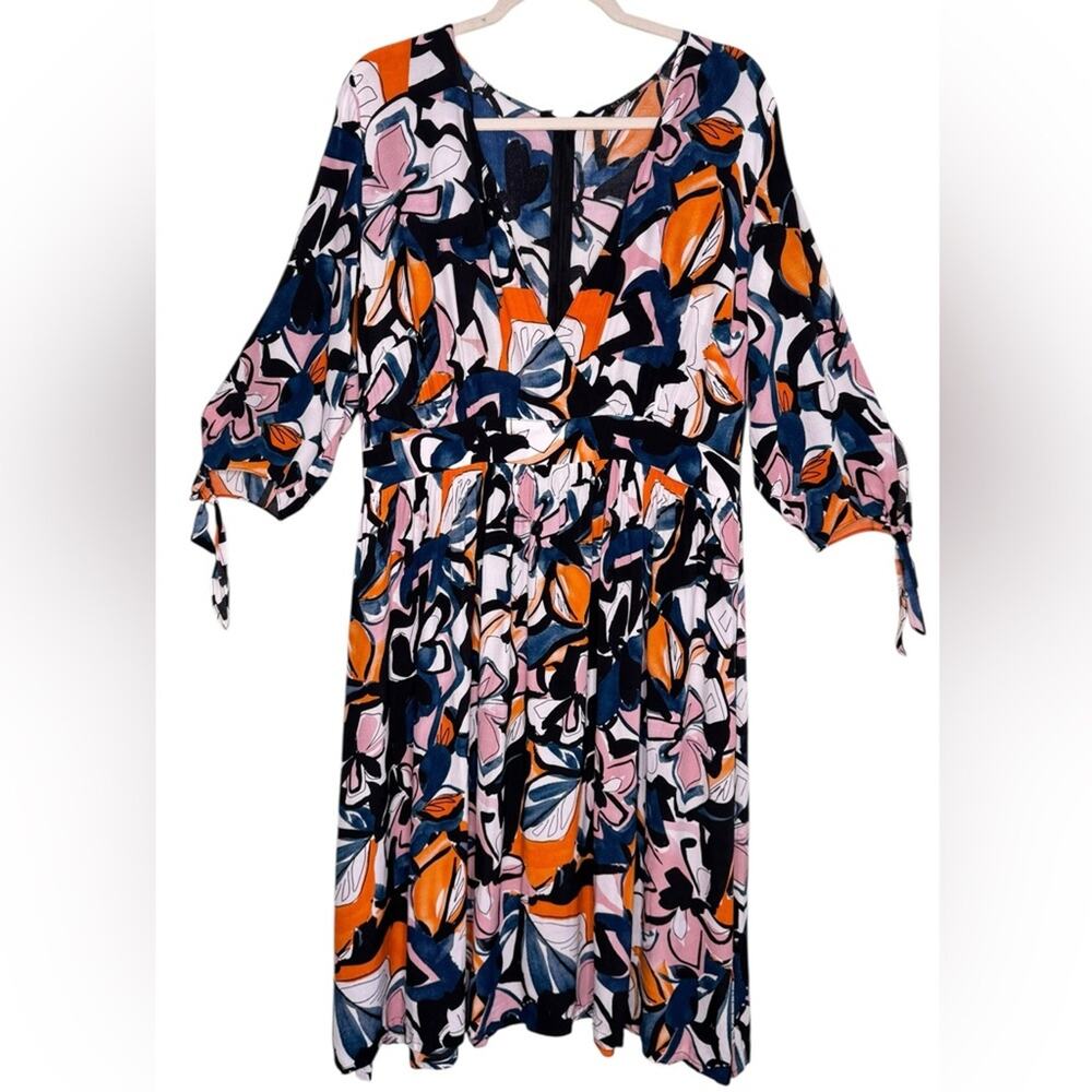 ELOQUII Multicolor Abstract Floral Midi Dress Faux Wrap Bodice Relaxed Fit 16